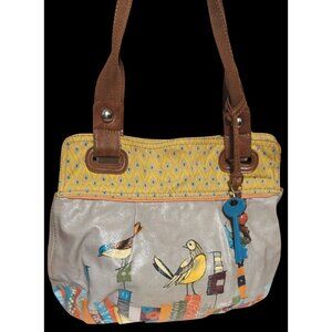 Fossil Coated Canvas Key-Per Bird Shoulder Bag Brown Canvas Handles W/Fossil Key